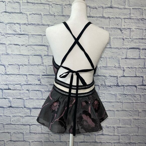 Metallic Floral Fil Coupe Peplum Tank, Black/Camellia - Picture 6 of 14